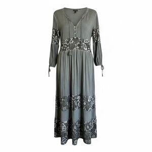 POL Boho Peasant Midi Dress Gray Embroidered Oversized SZ S. NWT